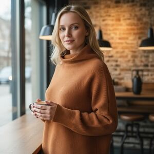 Free People Oversized Livvy Sweater Ribbed Mock Neck Rust Brown Boxy Lounge XS